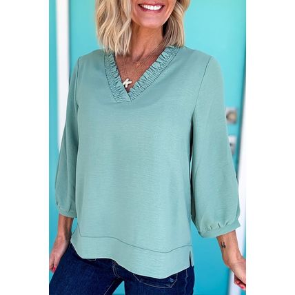 Moonlight Jade Frilled V Neckline Bracelet Sleeve Crinkled Blouse