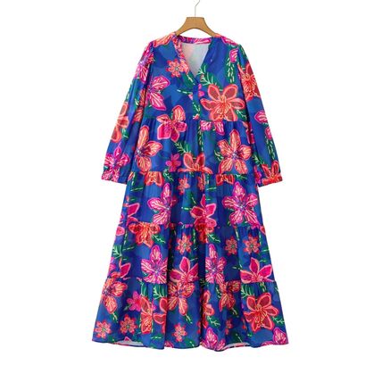 Blue Floral Print 3/4 Sleeve V Neck Tiered Long Dress