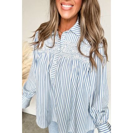 Sky Blue Stripe Shirred Detail Half Placket Collared Long Sleeve Fall Shirt