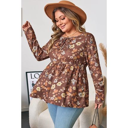 Khaki Floral Textured Tied Neck Long Sleeve Plus Size Babydoll Blouse
