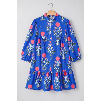 Blue Floral Print Button Detail 3/4 Puff Sleeve Ruffle Hem Dress
