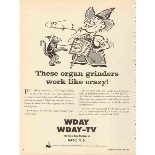 wday 1965 fargo nd organ grinders work like crazy tv radio vintage ad