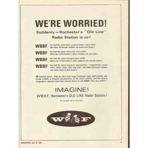 wbbf 1965 rochester ny were worried old line radio station vintage ad