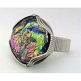 Pink Dichroic Glass Stainless Steel Adjustable Wire Wrap Ring 16