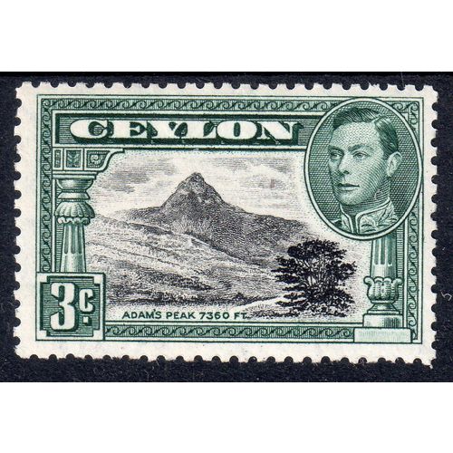 1944 CEYLON Sg387e 3c BLACK & DEEP BLUE GREEN perf 12 L/M/MINT (G238)