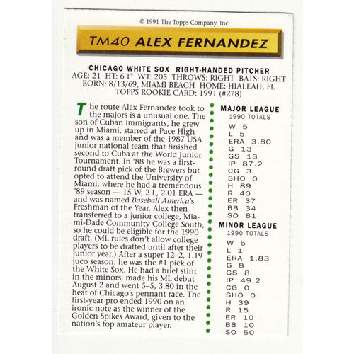 1991 Topps Magazine baseball TM40 Alex Fernandez insert card –NM- White Sox