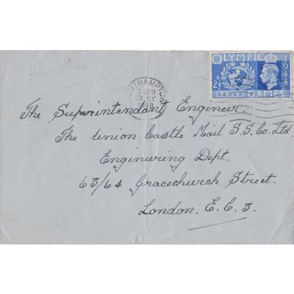 GB 1948 cover Southampton to London Olympics stamp and addressed Union Castle