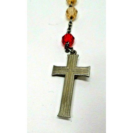 Rosary with Clear Acrylic White & Red Beads Crucifix Christ & Madonna Vtg (B80)