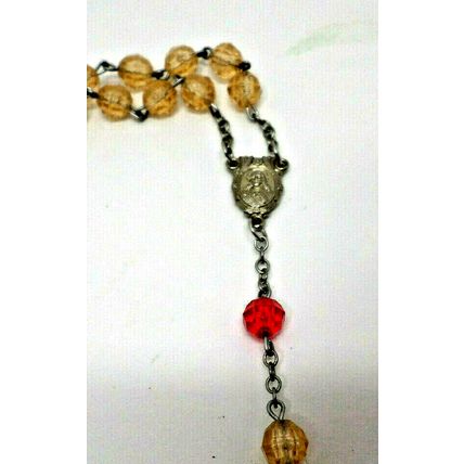Rosary with Clear Acrylic White & Red Beads Crucifix Christ & Madonna Vtg (B80)
