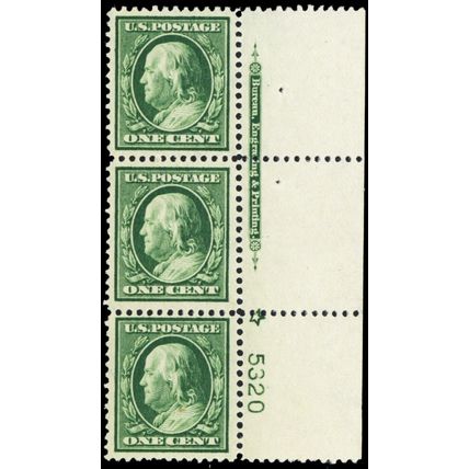 374, Mint NH VF-XF 1¢ PL# & Imprint Strip of 3 - Stuart Katz