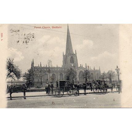 Parish Church SHEFFIELD Carriages Horses Original Postcard (136ED)
