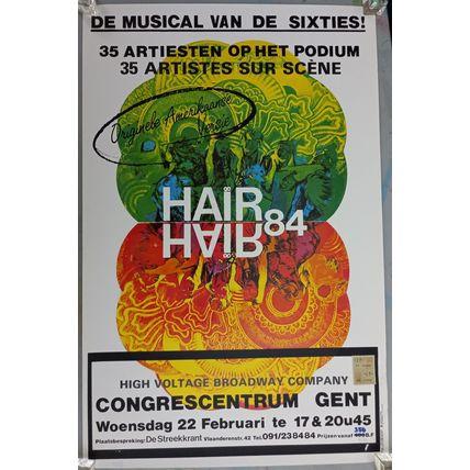 RARE BELGIAN THEATRE POSTER FOR A 1984 PRODUCTION OF THE SIXTIES MUSICAL, HAIR.