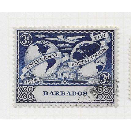 BARBADOS 1949 KG6 3d UPU POSTAL UNION UNIVERSAL USED SG268 268 SG VG CENTERING