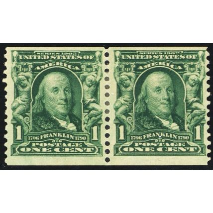 318, Mint Hinged 1¢ GENUINE Coil Pair - PFC Certificate - Stuart Katz