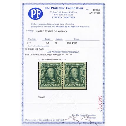 318, Mint Hinged 1¢ GENUINE Coil Pair - PFC Certificate - Stuart Katz