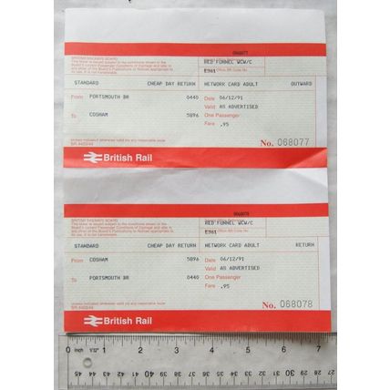 1991 British Rail ticket slip Cheap Day, Cosham to Portsmouth, Red Funnel WCW/C