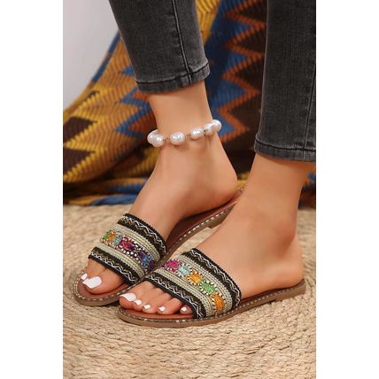 Chestnut Bohemian Pattern Crochet Faux Leather Beach Slippers