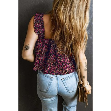 Rose Boho Frilled Straps Floral Tank Top