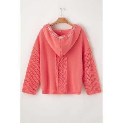 Gold Flame Cable Knit V Neck Contrast Drawstring Hooded Sweater