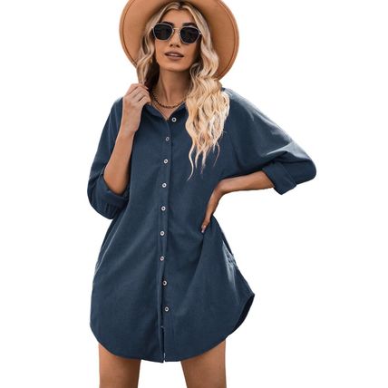 Blue Corduroy Shirt Style Full Button Long Sleeve Shift Mini Dress