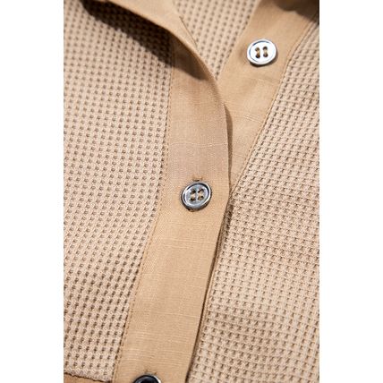 Light French Beige Waffle Patchwork Button Up Frayed Hem Shirt