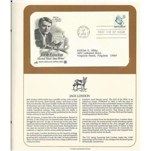 JACK LONDON ' OFFICIAL FIRST DAY of ISSUE ' (1986)
