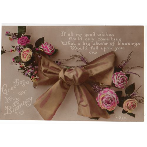 Roses and Bow Greetings on Your Birthday Rhyme Postcard 42/3 Printed France