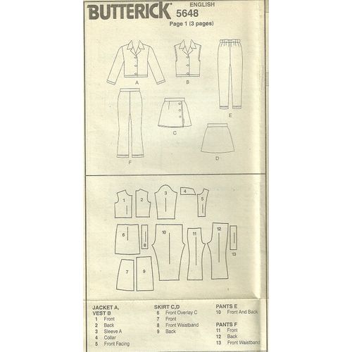 Butterick 5648 Sewing Pattern Childrens/Girls Jacket Vest Skirt Pants Size 6 7 8