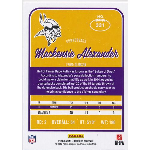 2016 Donruss Football Press Proof Blue 331 Mackensie Alexander RC Minnesota
