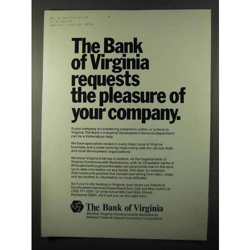 1971 Bank of Virginia Ad - Pleasure of Your Company