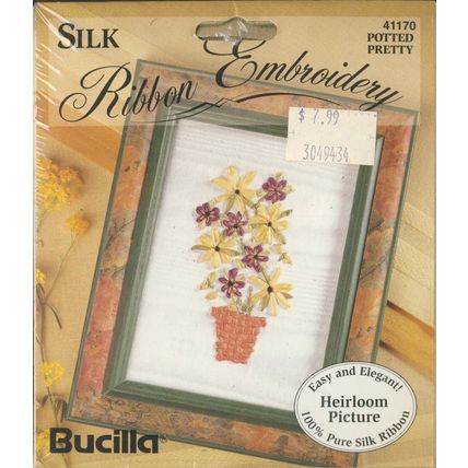 Silk Ribbon Embroidery Kit, Potted Pretty with yellow & lavender flowers