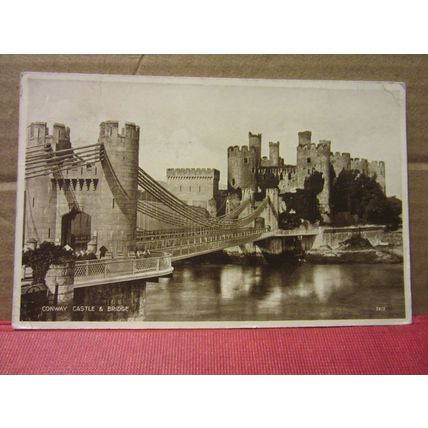 CONWAY CASTLE AND BRIDGE, used vintage postcard by Valentine 1937 pm =