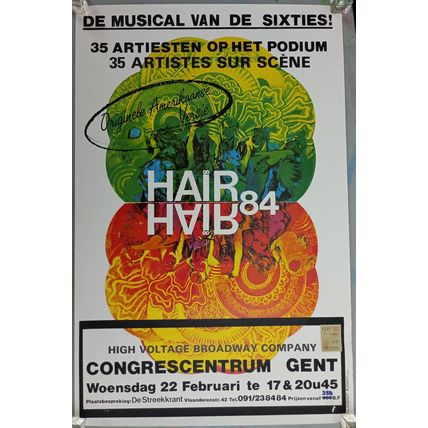 RARE BELGIAN THEATRE POSTER FOR A 1984 PRODUCTION OF THE SIXTIES MUSICAL, HAIR.