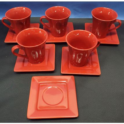 10 STRAWBERRY STREET Set 5 Mugs 6 Saucer Square Plates Red Coffee Oven Safe