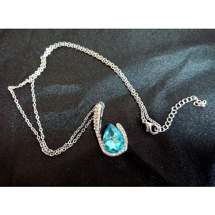 Silver Aquamarine Crystal Turquoise Blue CZ Pendant Necklace Gift