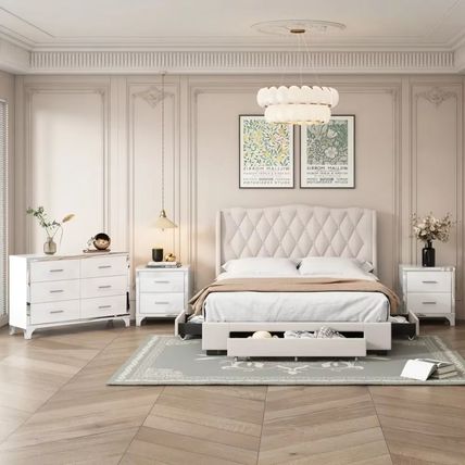 4-Piece Modern Bedroom Set – Upholstered Bed with Storage, 2 Nightstands & Dress