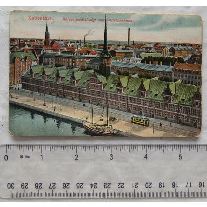 vintage postcard Børsen med ildslgt over Christianshavn, København, Denmark