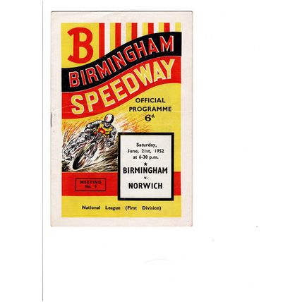 Birmingham v Norwich 1952 speedway programme