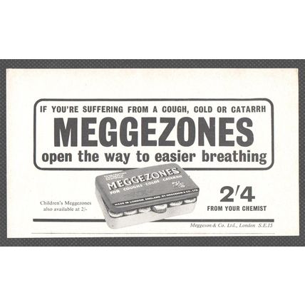 Meggeson & Co. Ltd., London MEGGEZONES TABLETS :- Original Vintage 1955 Advert
