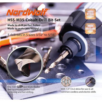 Nordwolf 5-Piece M35 Cobalt Stubby Drill Bit Set for Stainless Steel & Hard Meta
