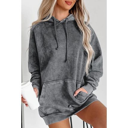Gray Mineral Wash Kangaroo Pocket Drawstring Pullover Hoodie