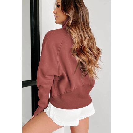 Brown Zip Up Stand Collar Ribbed Thumbhole Sleeve Sweatshirt