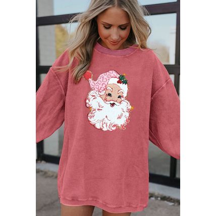 Strawberry Pink Santa Claus Sparkle Corded Crew Neck Sweatshirt