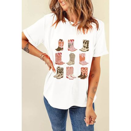 White Western Cowboy Boots Print Round Neck T Shirt