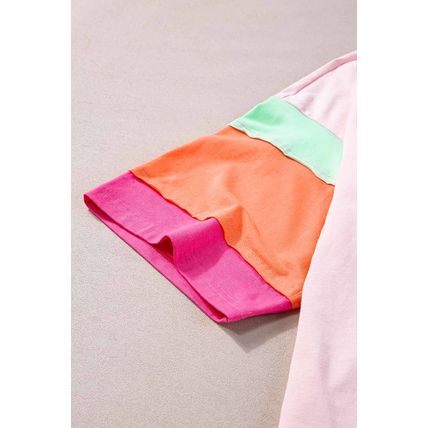 Pink Color Block Half Sleeve O Neck Plus Size T Shirt
