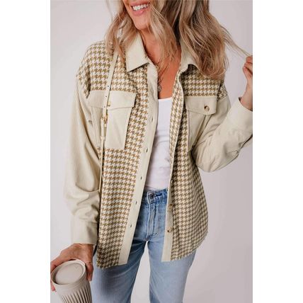 Parchment Houndstooth Corduroy Patchwork Flap Pocket Shacket