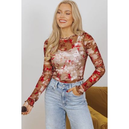 Red Floral Print Sheer Mesh Long Sleeve Top