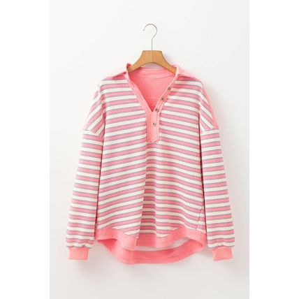 Pink Stripe Buttoned V Neck Collared Drop Shoulder Top