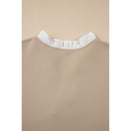 Pale Khaki Contrast V Neck Ruffled Textured Knit Top