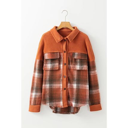 Khaki Colorblock Plaid Pattern Flap Pockets Buttoned Shacket